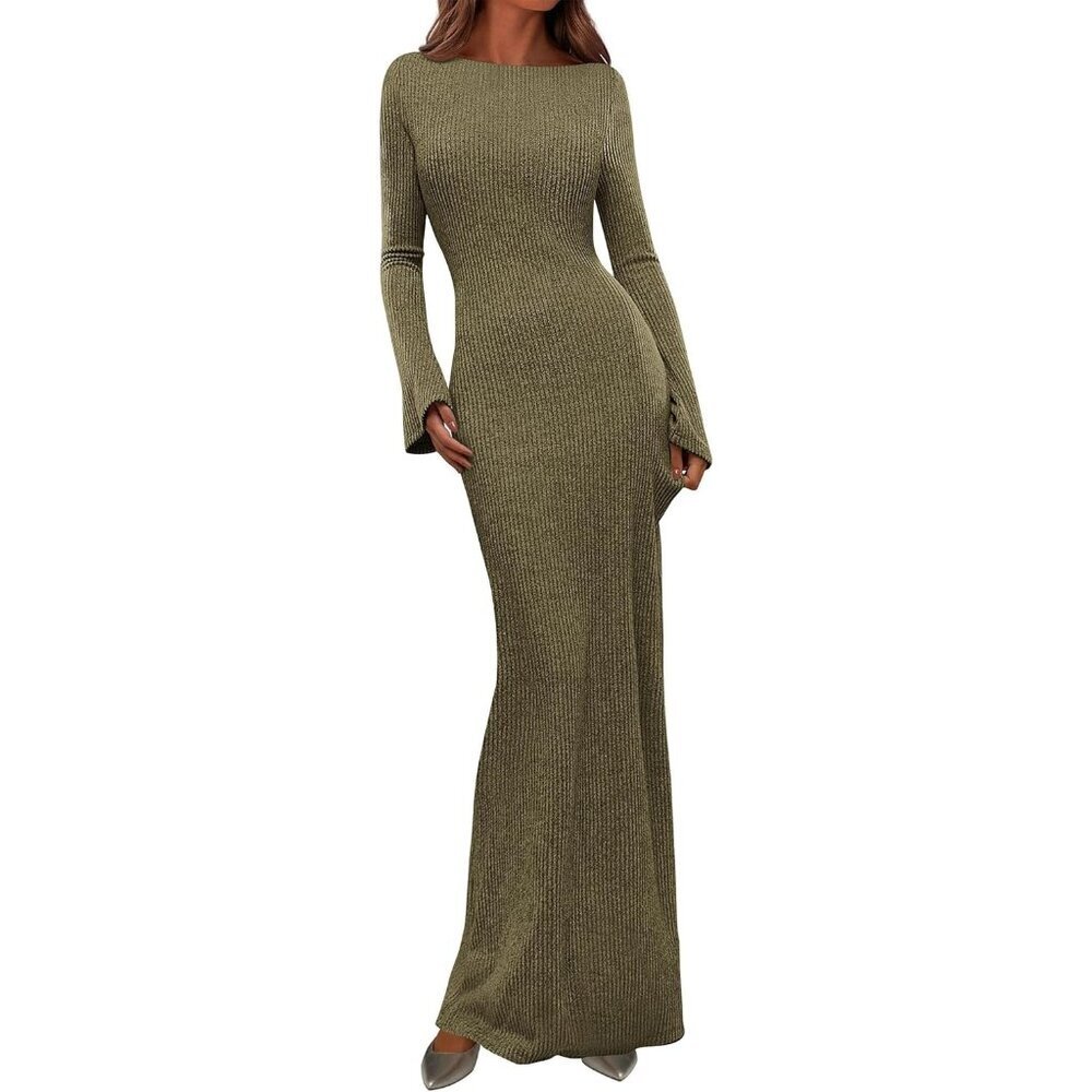 Women's Army Green Long Sleeve Ribbed Knit Boat Neck Bodycon Casual Maxi Dress